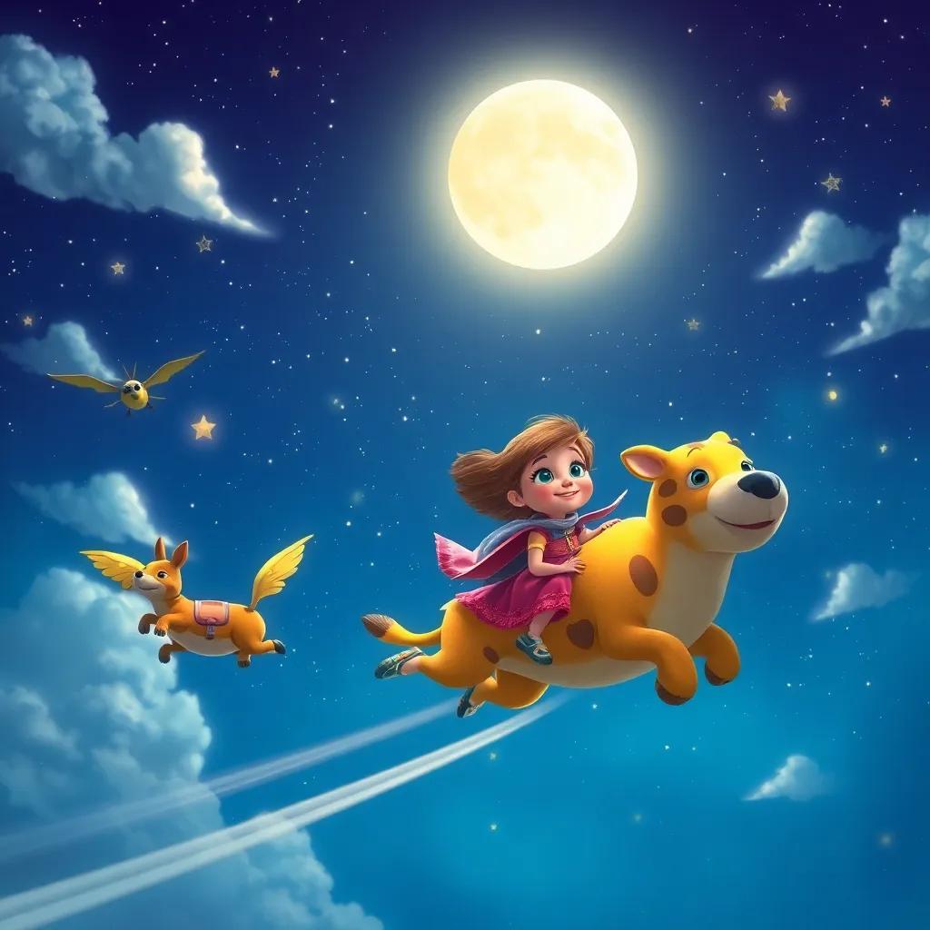 Willa and the animals flying through the starry night sky, looking for missing stars, a bright moon shining, and clouds lightly floating, adventurous spirit, dynamic art, stunning colors, magical