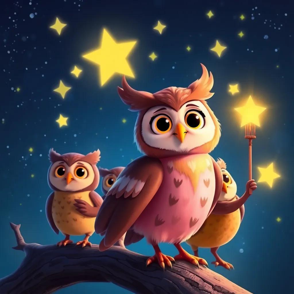 Willa the wise owl leading her friends on a star search, with glimmering stars appearing in the night, feeling a sense of teamwork and joy, vivid colors, fun representation, delightful atmosphere.