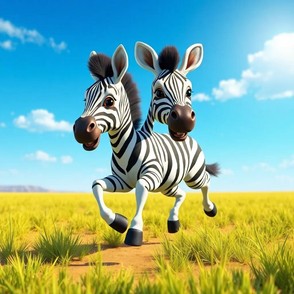 A young zebra, Zippy, with bright black and white stripes running joyfully in a sunny savanna filled with green grass and under a blue sky, digital art, vibrant colors, cheerful atmosphere, high quality