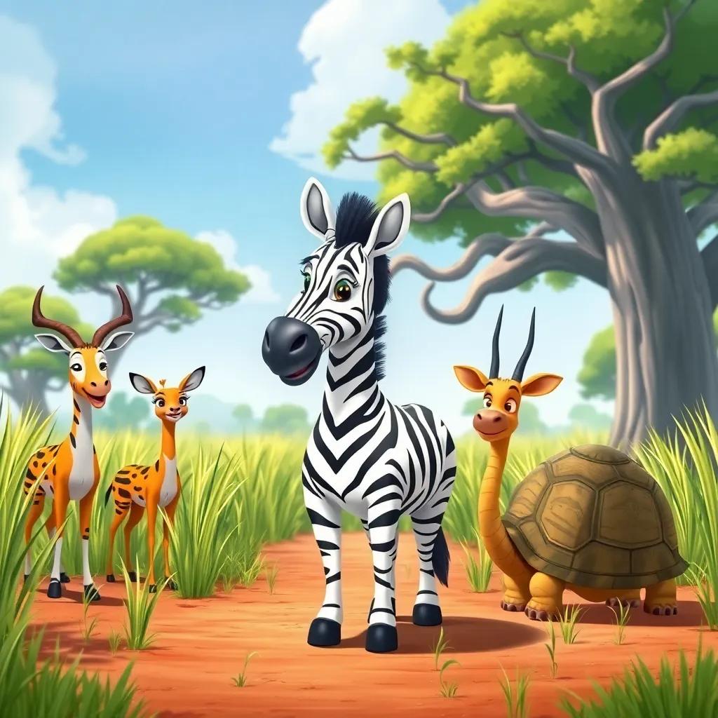 Zippy, the zebra, standing at the start line with playful antelopes and a wise tortoise ready for a race, surrounded by tall grass and a big baobab tree in the background, illustration, lively, adventurous mood, child-friendly
