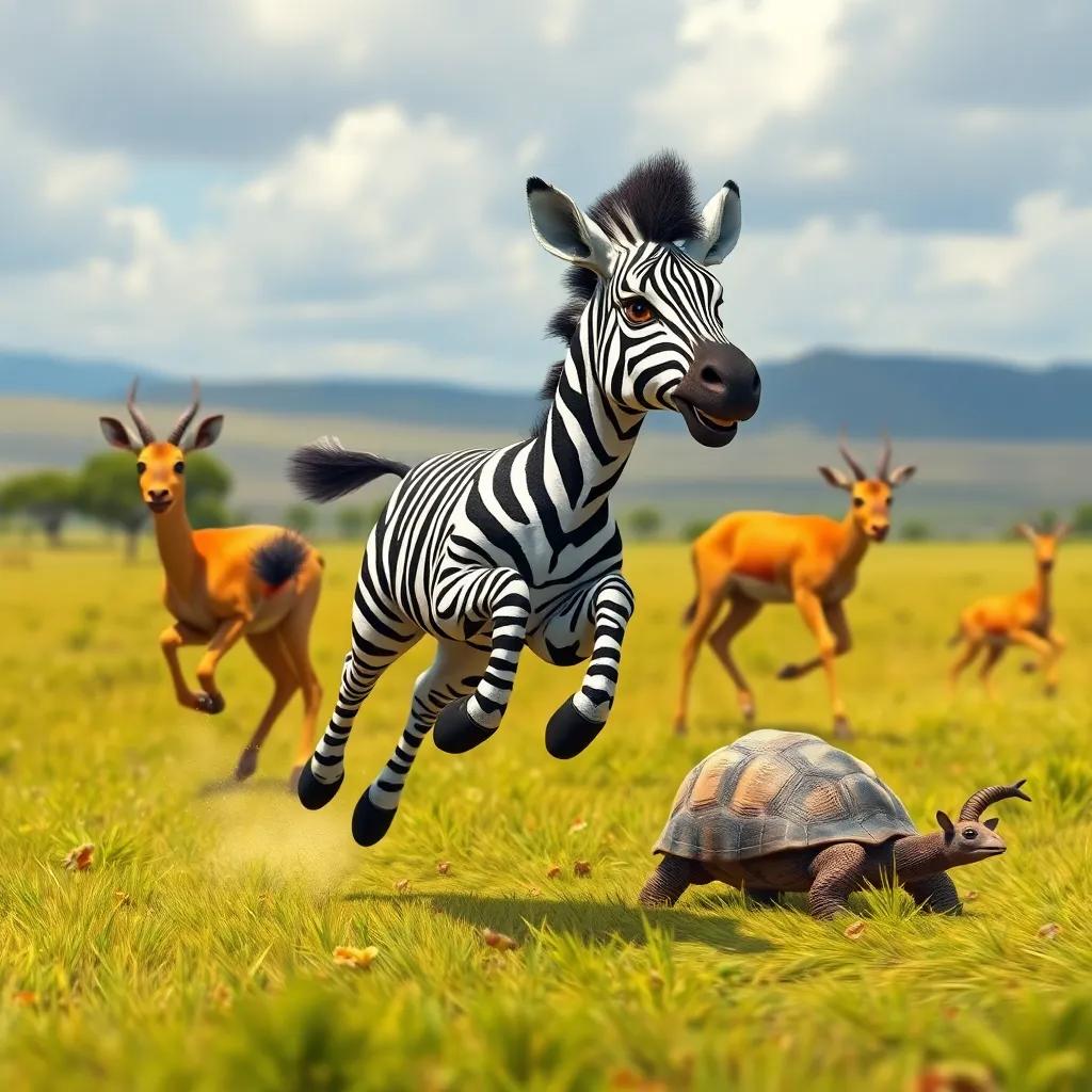 Zippy, a young zebra, sprinting through the savanna with antelopes leaping alongside him, tortoise slowly behind, capturing the essence of race day, vivid colors, realistic, dynamic scene, bright lighting