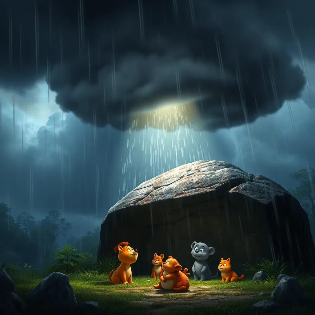 A dark cloud gathering over Zippy and friends as rain begins to fall, the animals huddling under a large rock for shelter, detailed scene, moody lighting, enchanting atmosphere