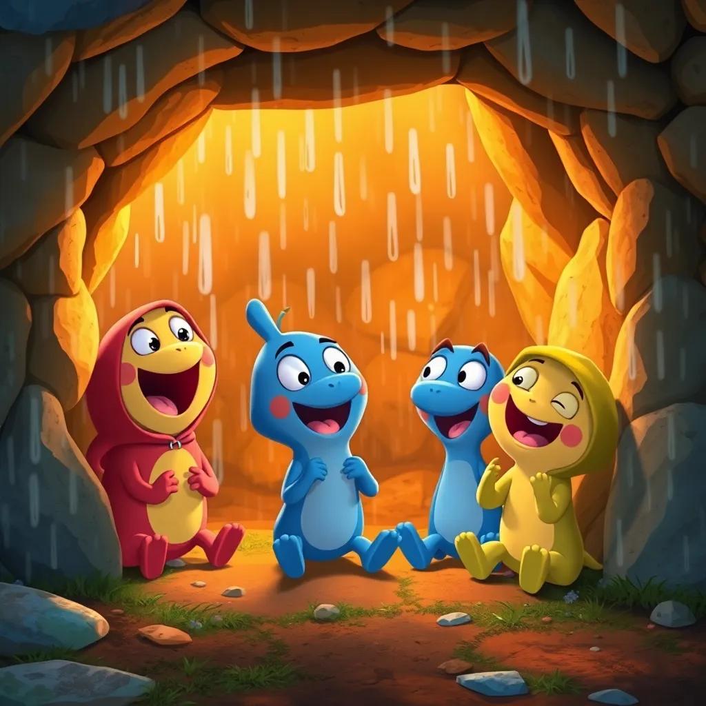 Zippy and his friends excitedly playing riddles under the shelter while rain falls outside, showcasing their joyful expressions, colorful rocky shelter, warm light, digital illustration, inviting