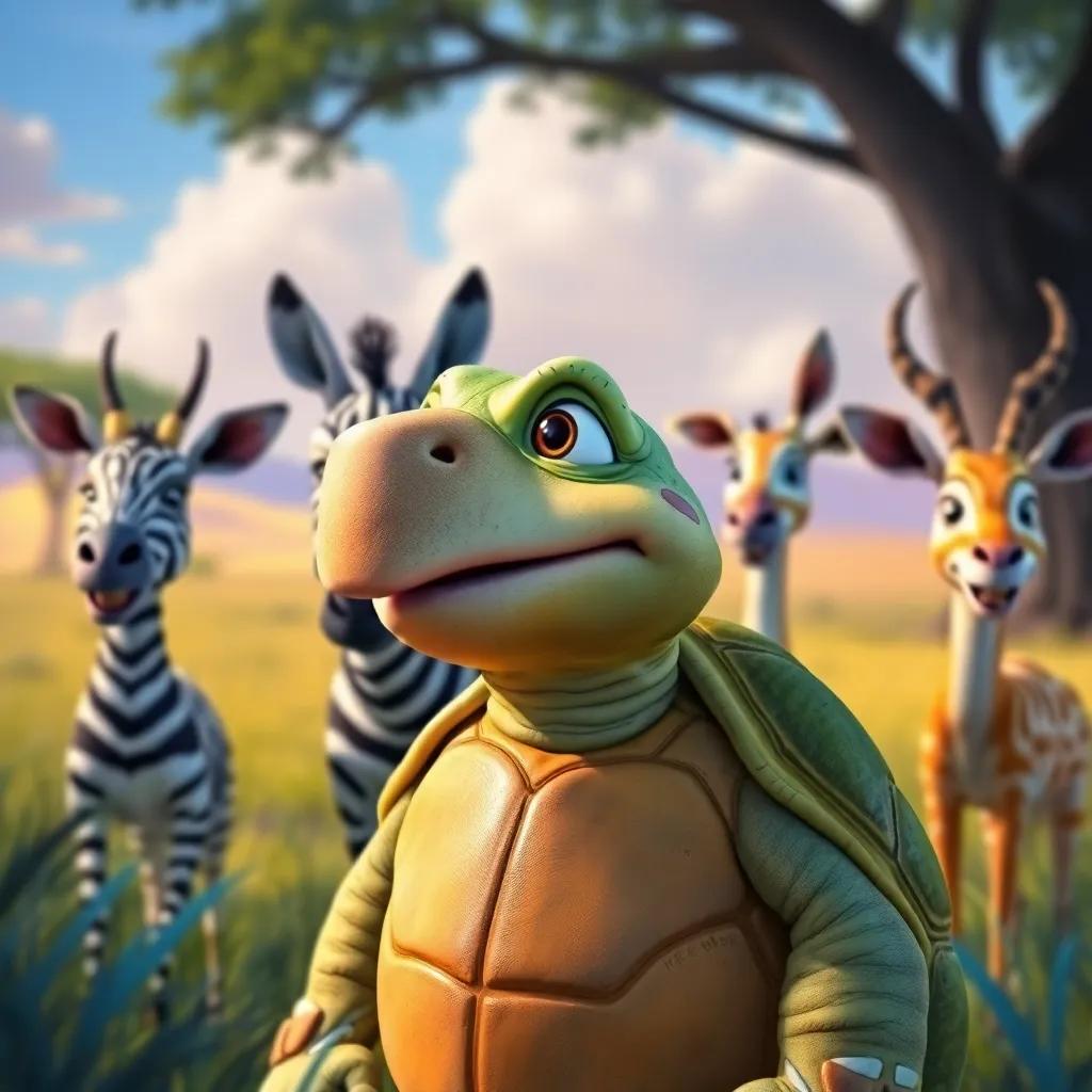 The tortoise eagerly answering a zebra riddle, with Zippy and antelopes cheering him on, colorful savanna background reflected in their smiles, bright colors, joyful mood, engaging scene