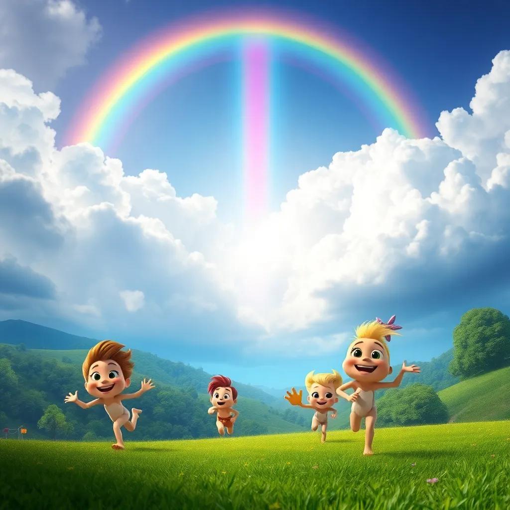 A magnificent rainbow appearing in the sky above Zippy and friends as they run joyfully towards it, a lush green landscape beneath, captivating, vibrant colors, enchanting
