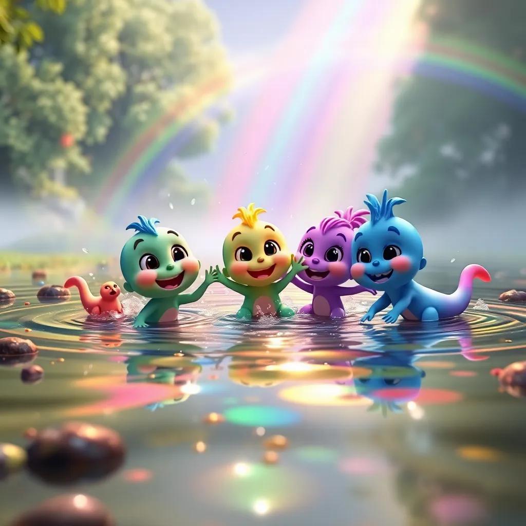 Zippy and his friends splashing and playing in a shimmering pond at the end of the rainbow, with colorful reflections on the water, lively atmosphere, cheerful colors, child-friendly