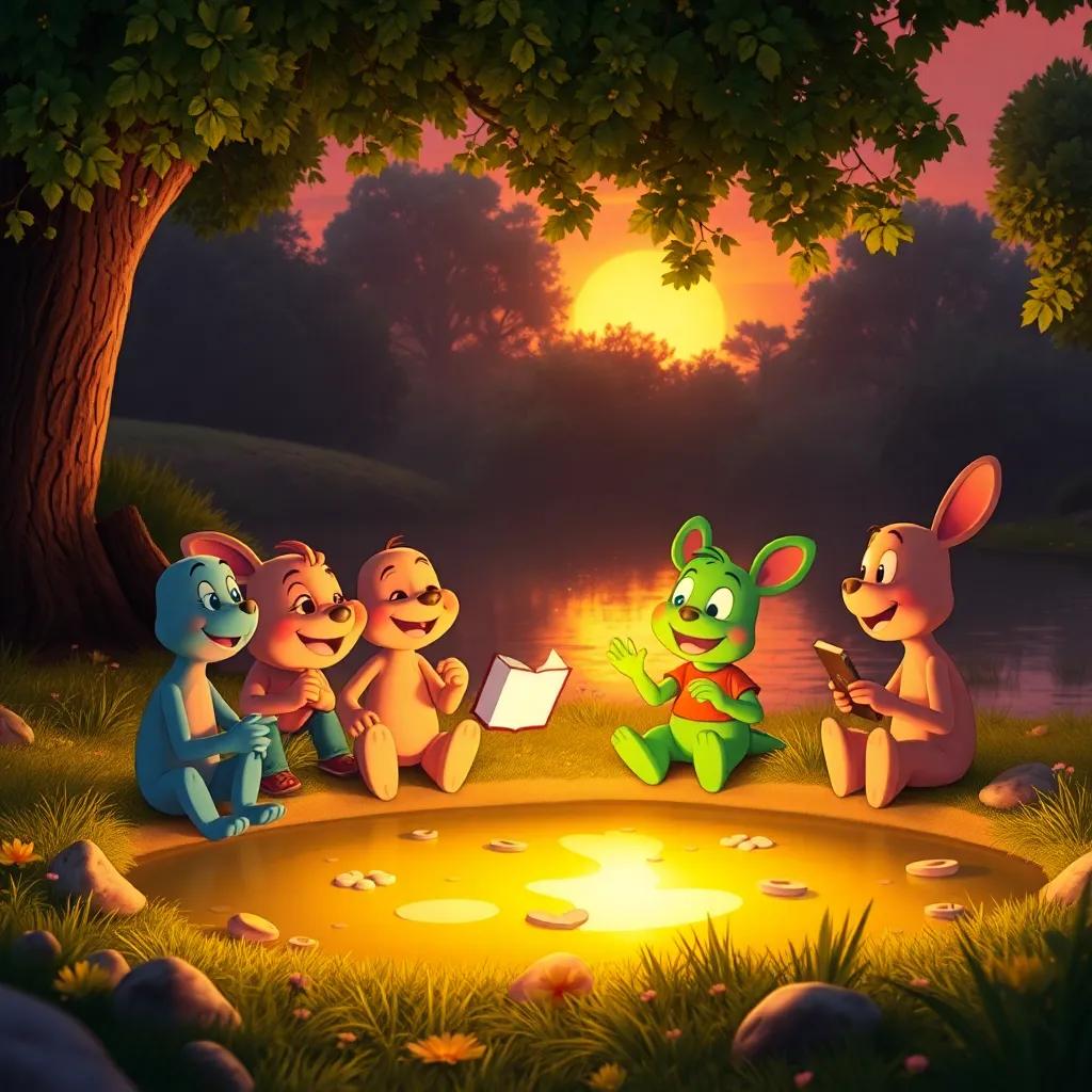 Zippy and his friends sitting by the pond at sunset, sharing laughter and stories, the golden light wrapping around them, heartwarming scene, rich colors, magical ambiance