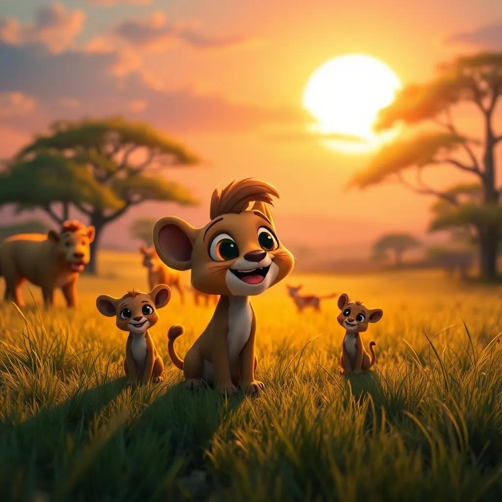 The savanna landscape featuring Zippy, surrounded by friends, with the sun setting in the background as they promise more adventure, warm lighting, sense of connection, inviting atmosphere
