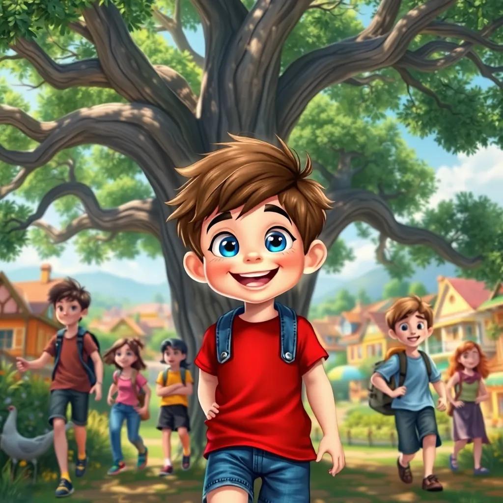 A joyful boy named Benny, with big blue eyes and soft brown hair, wearing a bright red t-shirt and denim shorts, standing under a large oak tree, smiling and leading a group of friends on an adventure, cheerful atmosphere, bright sunlight, colorful village background, digital art, vibrant and engaging, playful concept, high quality