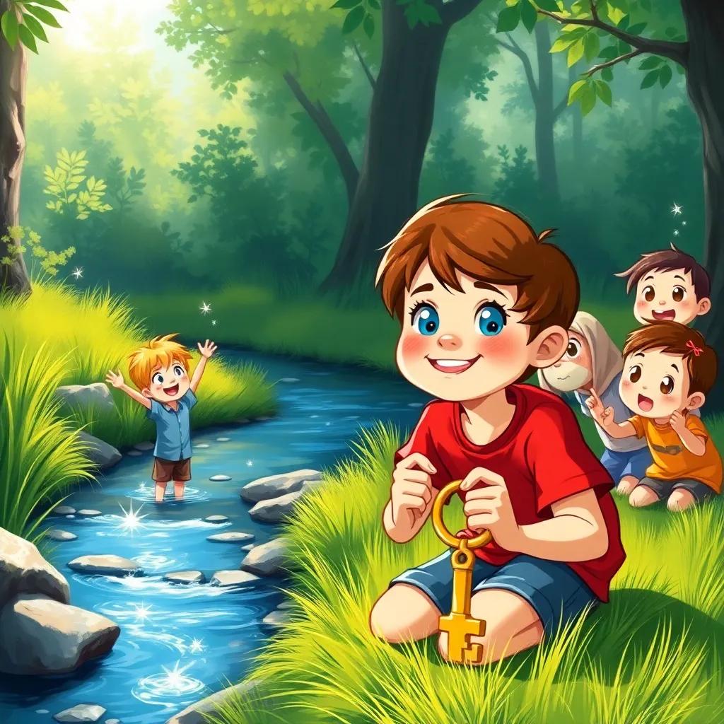 Benny, the adventurous boy with blue eyes and brown hair, wearing a red t-shirt, kneeling on the grass beside a creek, holding a shiny golden key, surrounded by excited friends, sparkling sunlight on water, lush green scene, illustration, joyful and curious, child-friendly, inviting feel