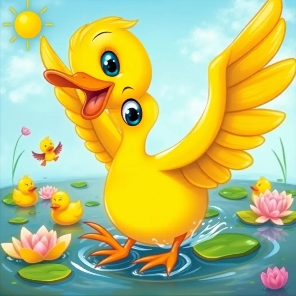 A curious duck named Daisy, a bright yellow duck with big eyes, flapping her wings happily at a sunny pond with lily pads, cheerful friends around her, illustration, colorful, happy atmosphere, bright colors, child-friendly design