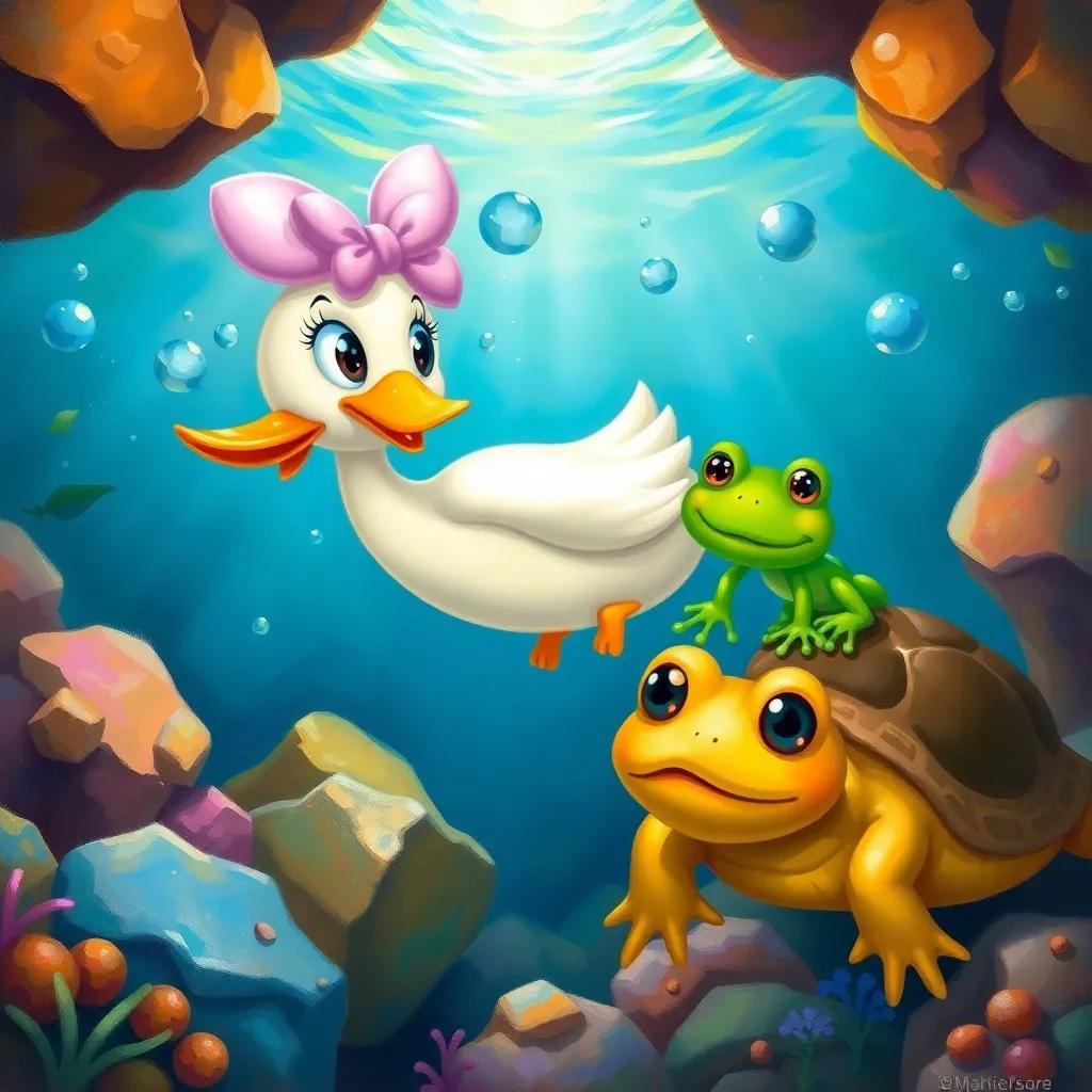 Daisy, a curious duck, swimming with Freddie the frog, a green frog with big eyes, and Tilly the turtle, a brown turtle with a cheerful face, exploring colorful rocks underwater, playful, vibrant colors, cheerful atmosphere, detailed illustration