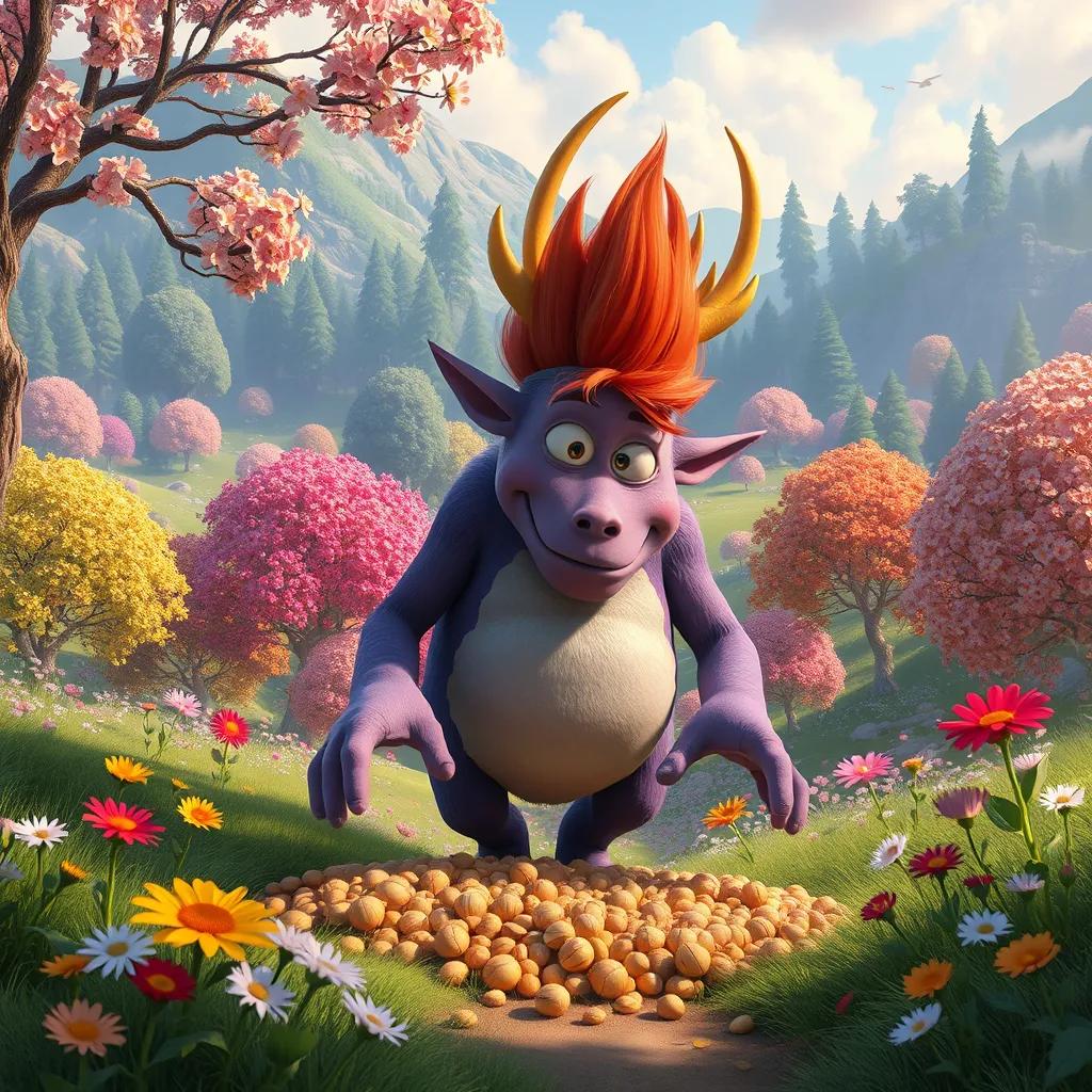 Gorm the giant spreading seeds in the valley, surrounded by beautiful blooming flowers and trees, vibrant colors, whimsical style, artistic scene