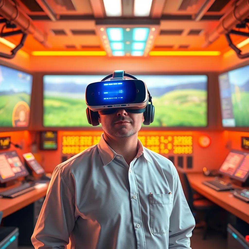 Paul, an experienced agronomist, wearing a virtual reality headset, standing in a bright modern control room with glowing screens and high-tech gadgets, digital art, detailed, vibrant colors, focused atmosphere, high quality