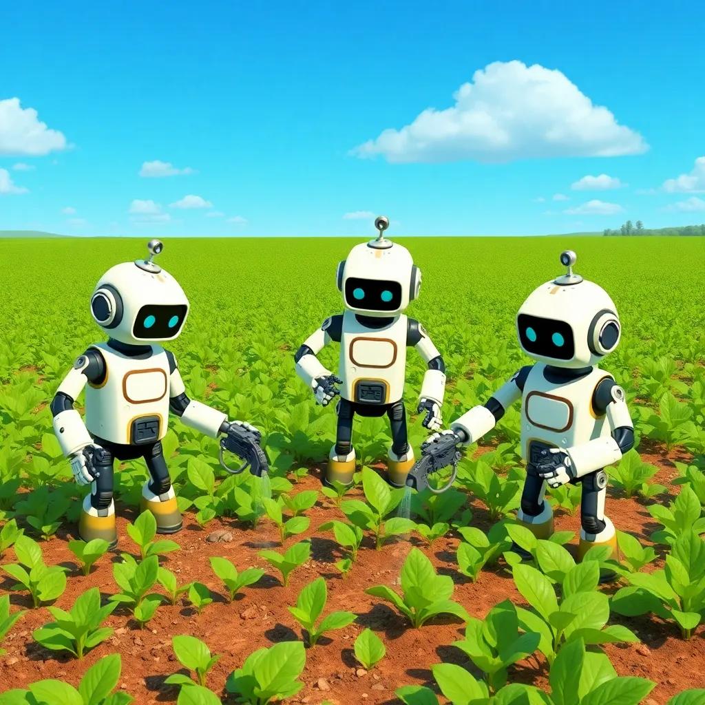 Robots in a vast green field, planting seeds and watering plants under a clear blue sky, some robots equipped with articulated arms, digital illustration, cheerful, showing teamwork, high quality