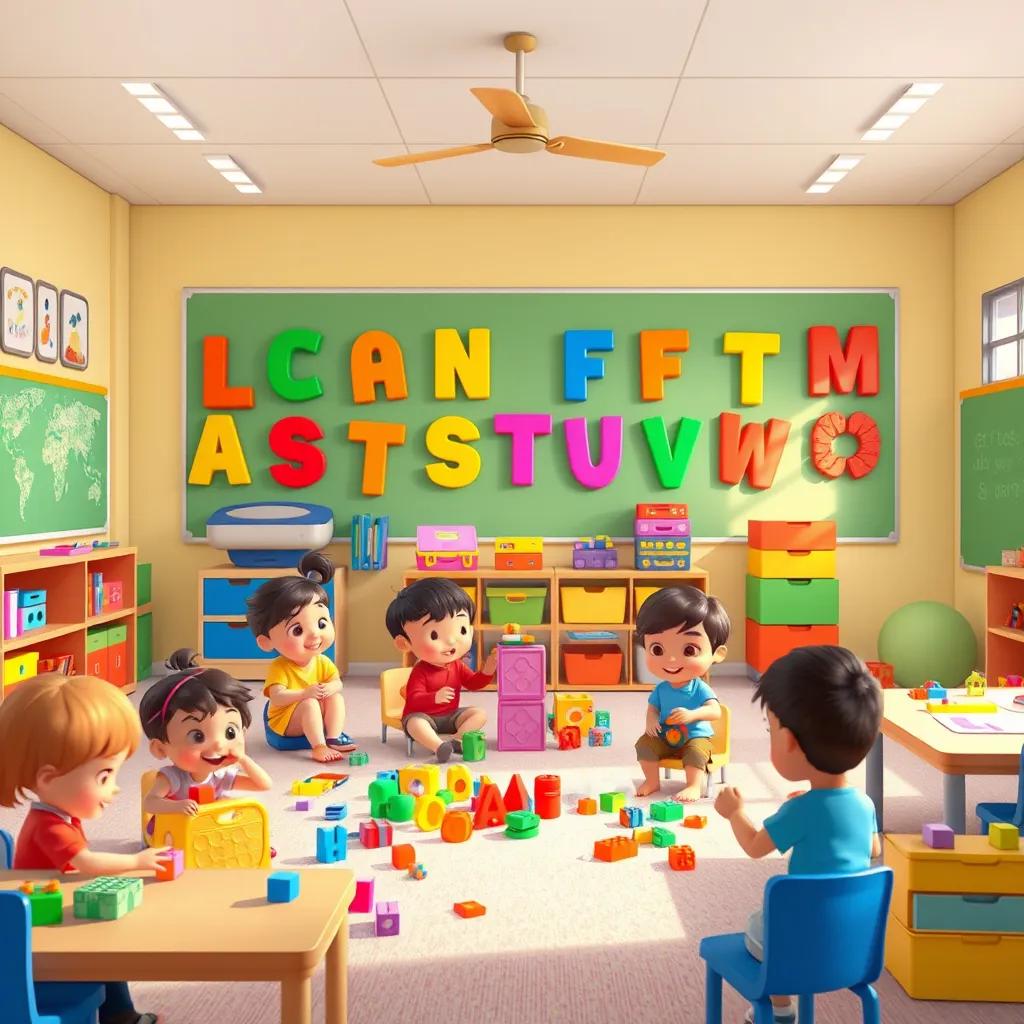 A lively classroom filled with colorful letters A to Z, children playing with blocks and toys, bright and cheerful atmosphere, digital art, vibrant colors, engaging scene, high quality