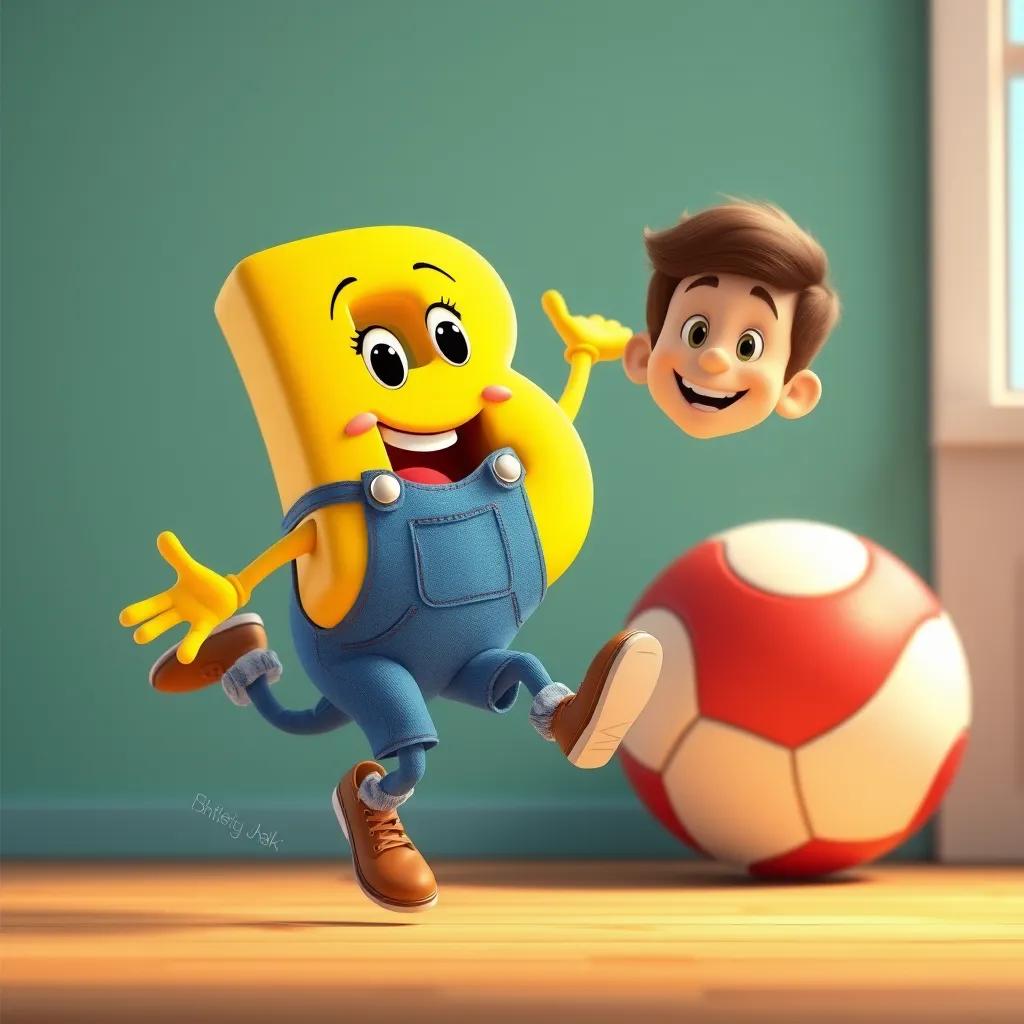 A bouncy letter B wearing blue overalls, jumping happily beside Alex, with a ball in the background, cartoon style, playful colors, energetic vibe, high quality