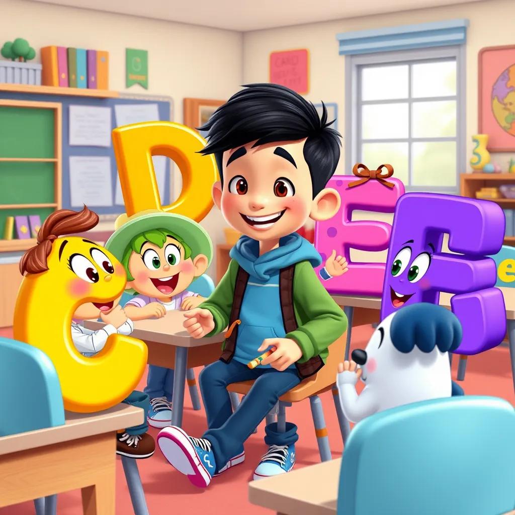 A group of letters C, D, E, and others wearing different clothes, interacting and playing games with Alex in the classroom, joyful scene, colorful and lively, engaging illustration, high quality