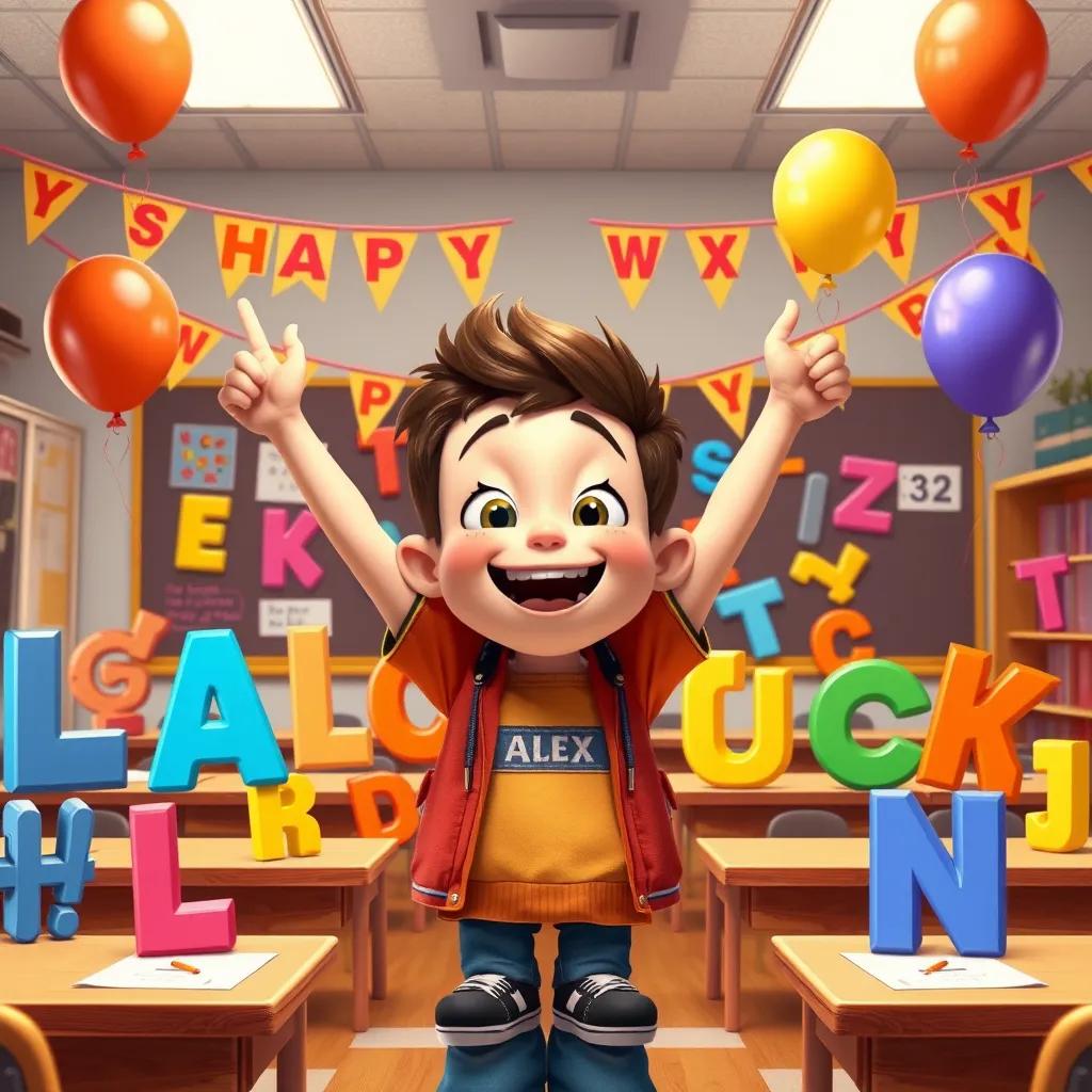Alex celebrating with all the letters in the classroom, bright banners and balloons, a sense of joy and achievement, warm colors, friendly atmosphere, happy ending, high quality