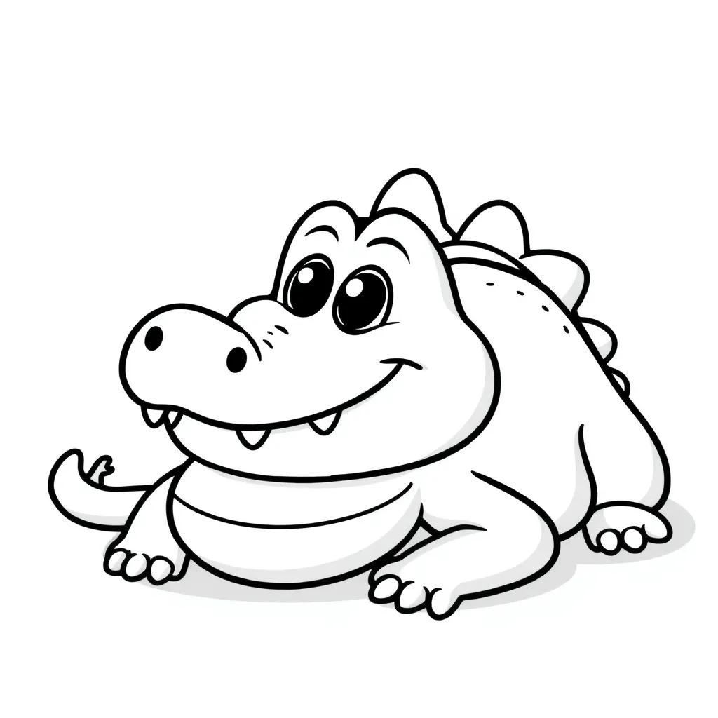 A cute cartoon alligator, Al, with a big smile and rounded snout, lying down with a happy expression, simple black-and-white line art for a children’s coloring book