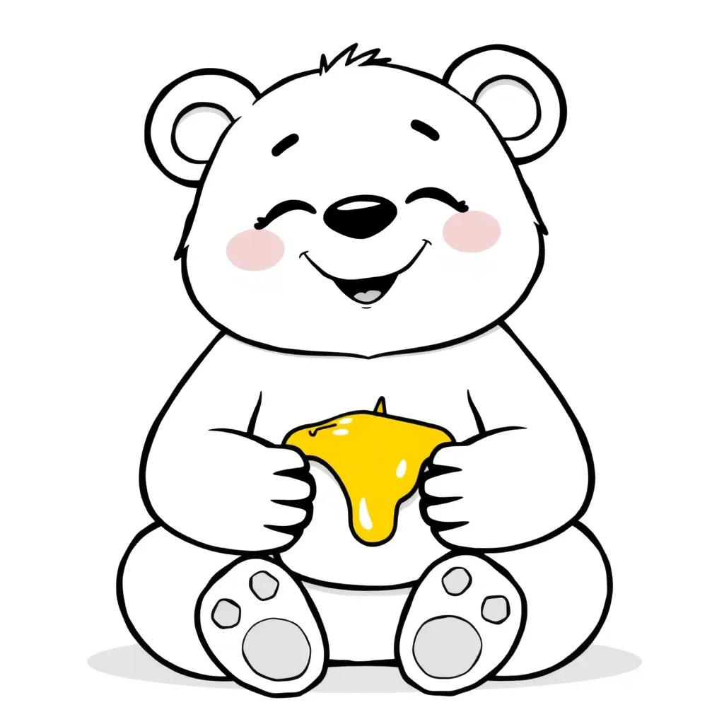 A chubby cartoon bear, Benny, sitting with round ears, holding a honey pot with a big smile and closed eyes, drawn in thick, clean black outlines for a kids’ coloring book