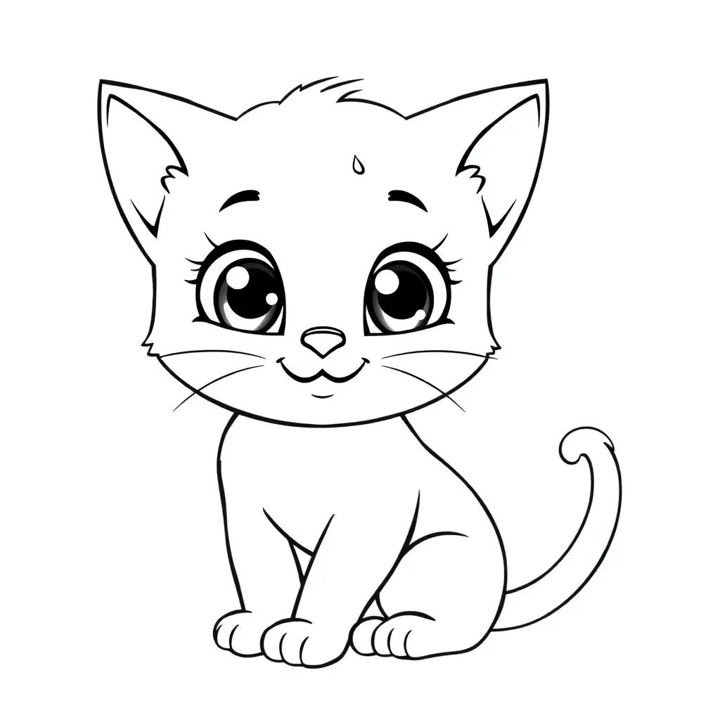 A sweet cartoon kitten, Cally, sitting with pointy ears, big eyes, a curled tail, and a soft smile, drawn with bold black-and-white lines for a children’s coloring page