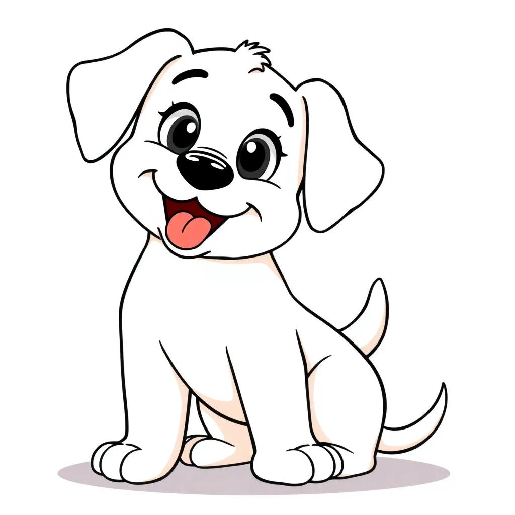 A playful cartoon puppy, Danny, with floppy ears, tongue out, wagging tail, and bright eyes, sitting in a friendly pose, clean thick outlines for a coloring book