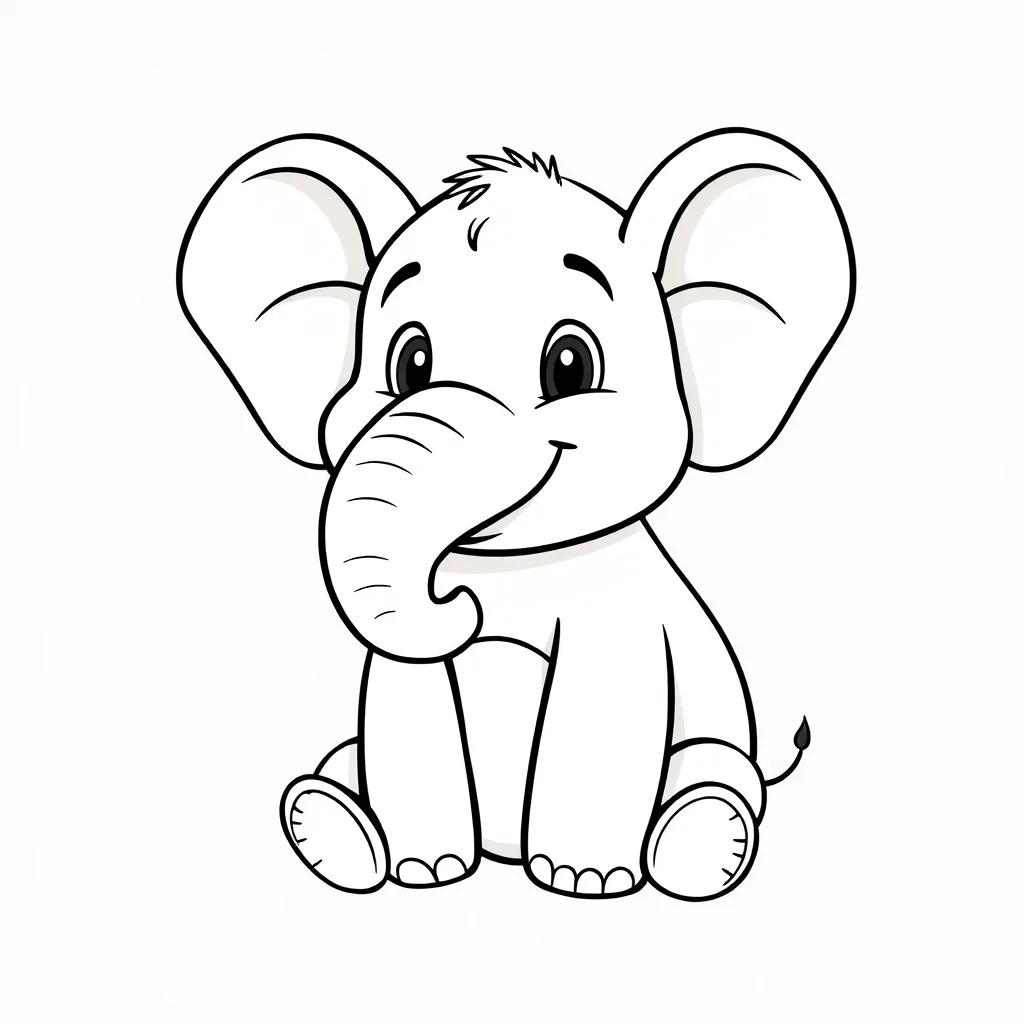 A cartoon elephant, Ellie, with oversized ears, a curved trunk, and a joyful expression, sitting down with a round belly, all in simple black-and-white line art for children.