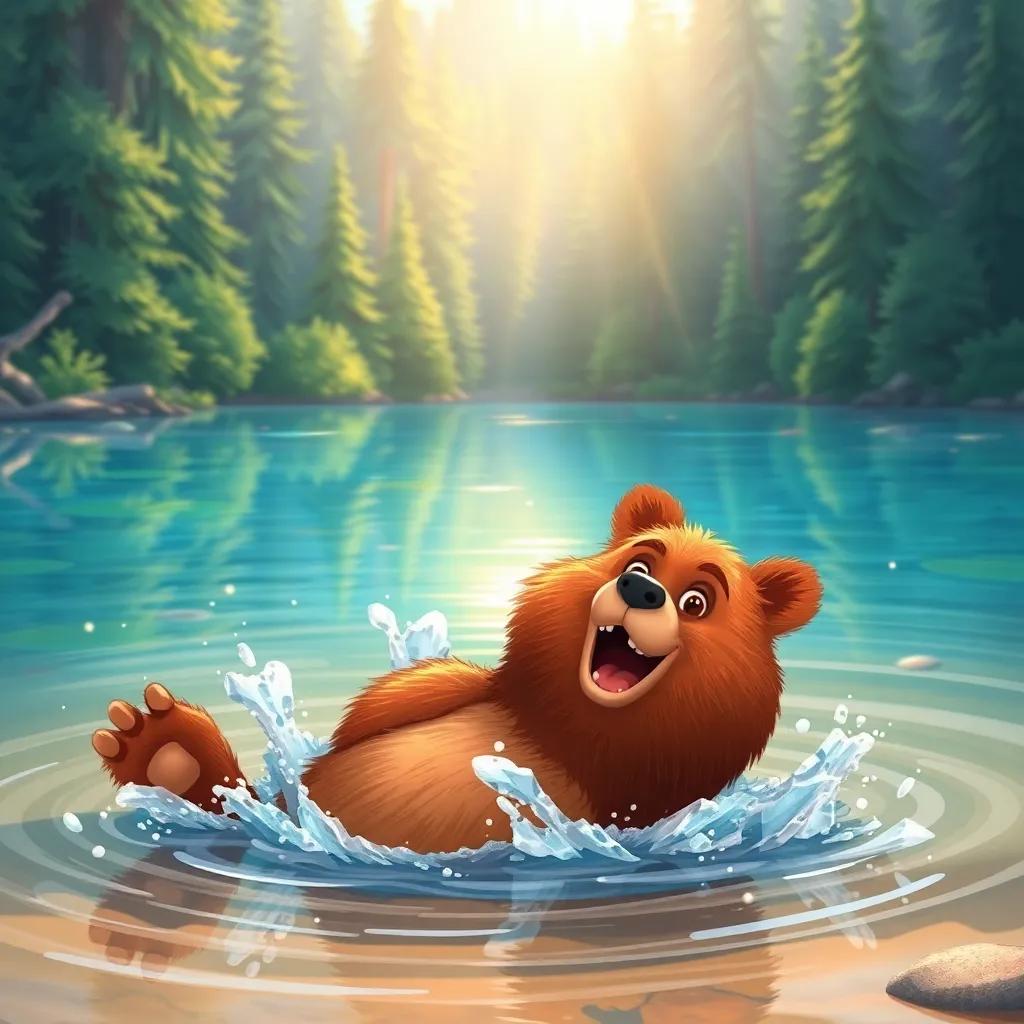 A furry brown bear splashing in a clear blue lake, cheerful and playful, bright sun shining, lush forest background, playful scene, vibrant colors, detailed artwork