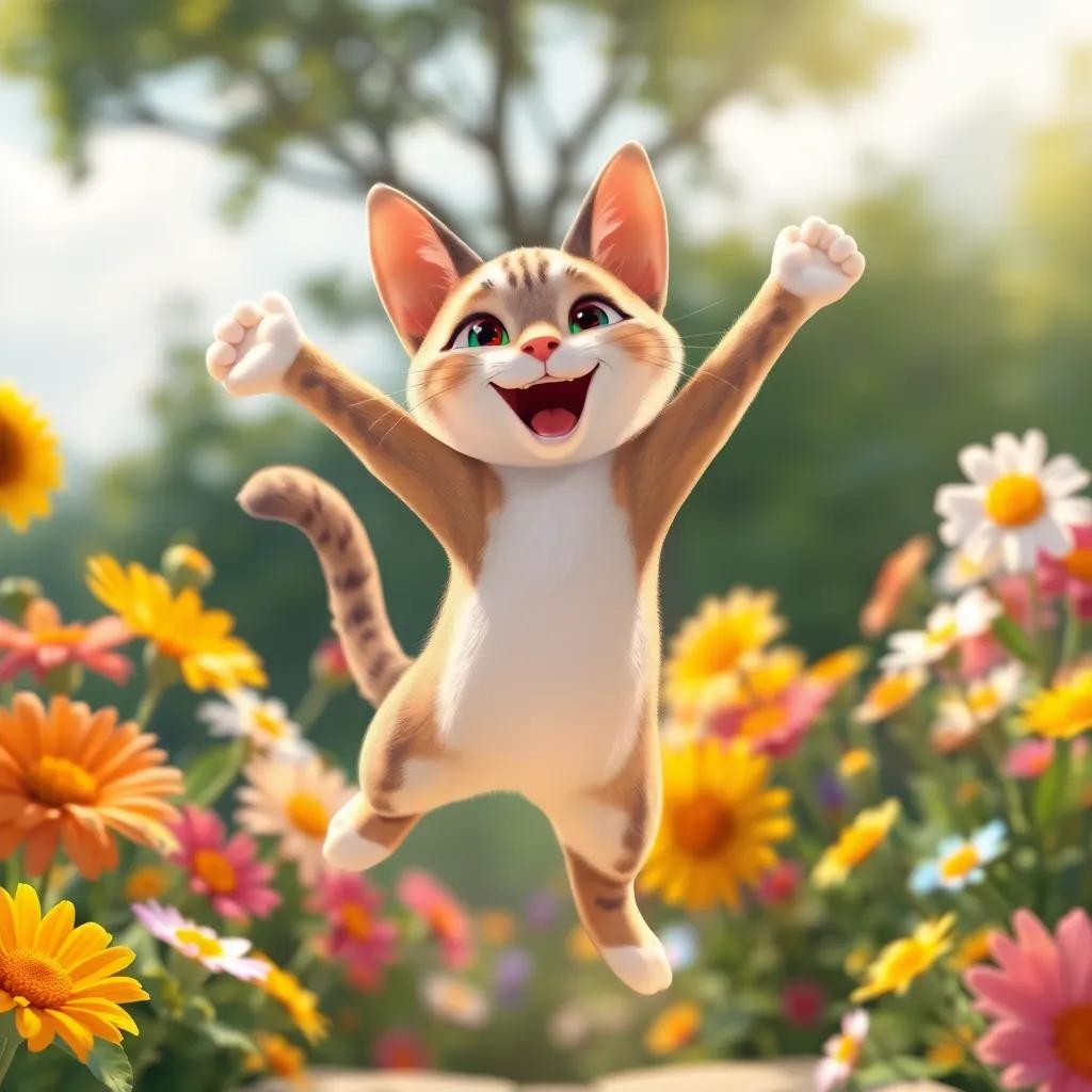 A sleek cat jumping in the air, with a smile, colorful flowers around, sunny day, joy and energy, bright and cheerful colors, engaging atmosphere, high quality