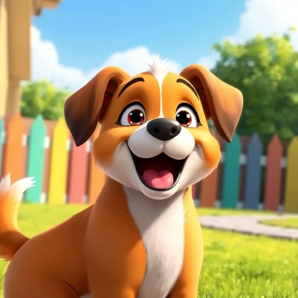 A loyal dog barking happily with its tail wagging, sunny backyard with a colorful fence, cartoon style, joyful and lively imagery, vibrant colors, inviting scene, child-friendly