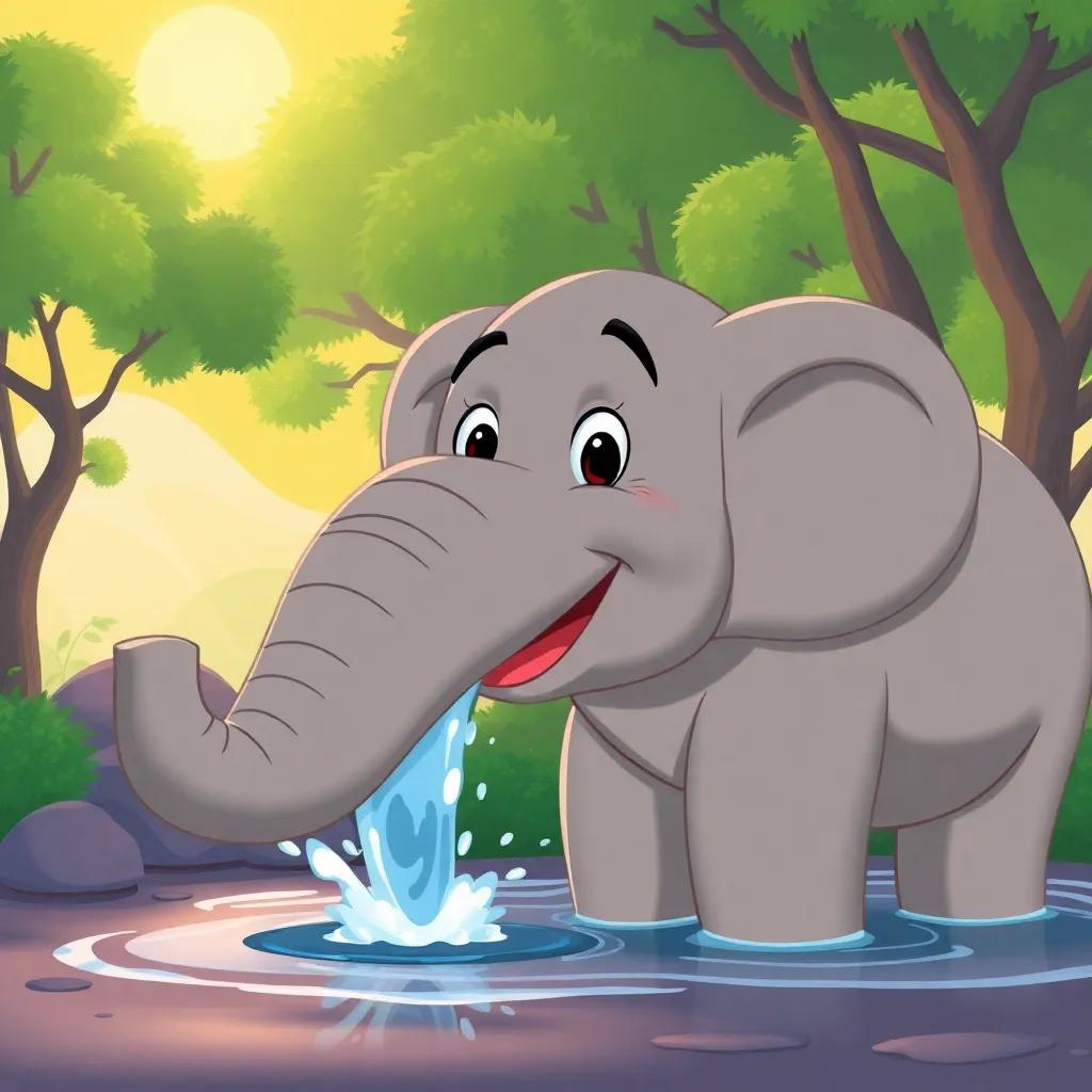 A big gray elephant playing with water from its trunk, surrounded by green trees and a sunny sky, cheerful expression, joyful scene, bright colors, detailed illustration