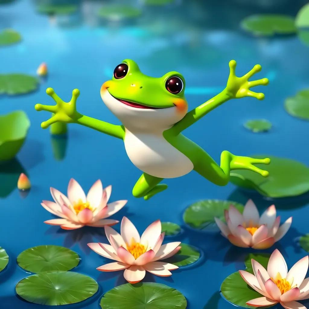 A green frog leaping on water lilies, cheerful smile on its face, bright blue water and green plants around, playful scene, vivid colors, engaging atmosphere, high quality