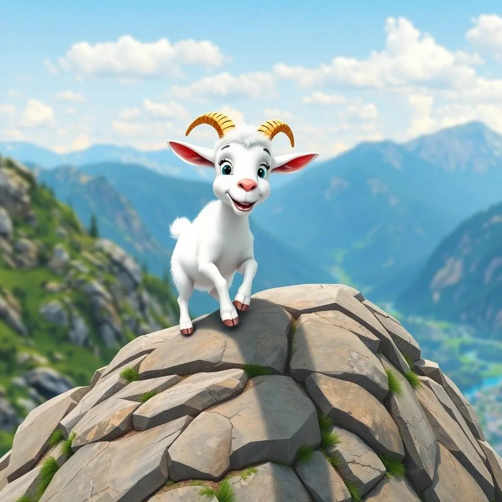 A white goat climbing on a rocky hill, looking proud, picturesque mountain view in the background, cheerful and bright colors, lively and engaging scene, child-friendly