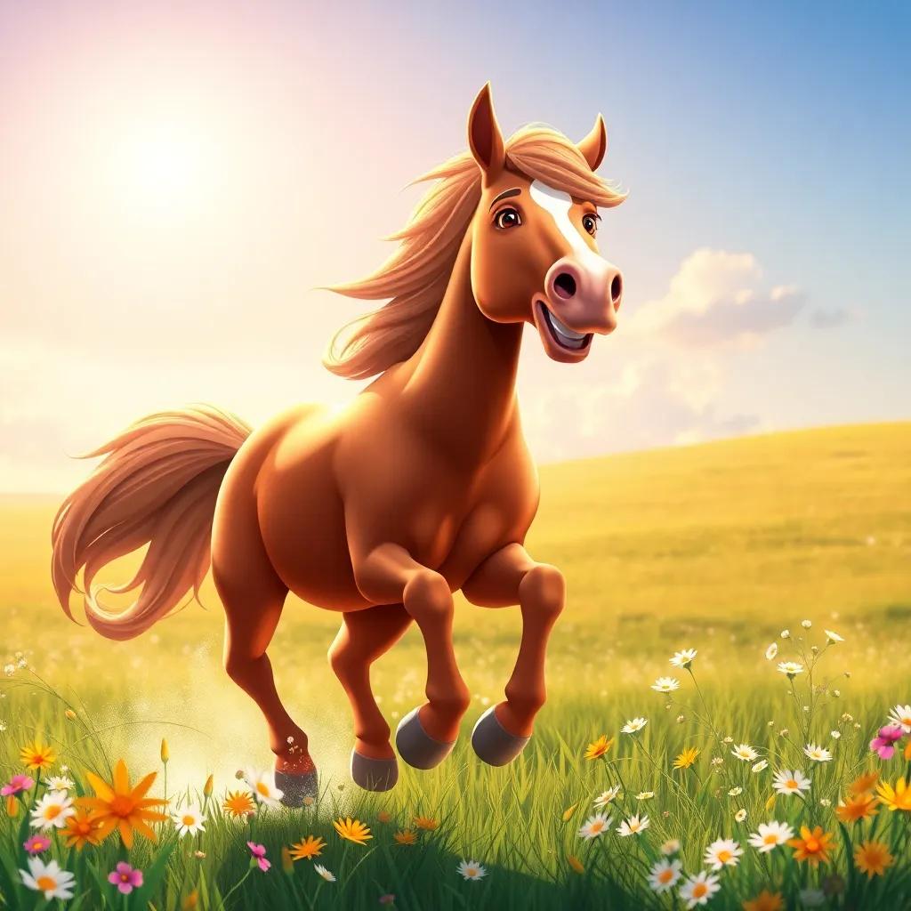 A galloping horse on a sunny field, mane flowing in the wind, bright flowers around, joyful expression, vibrant colors, dynamic art style, high quality