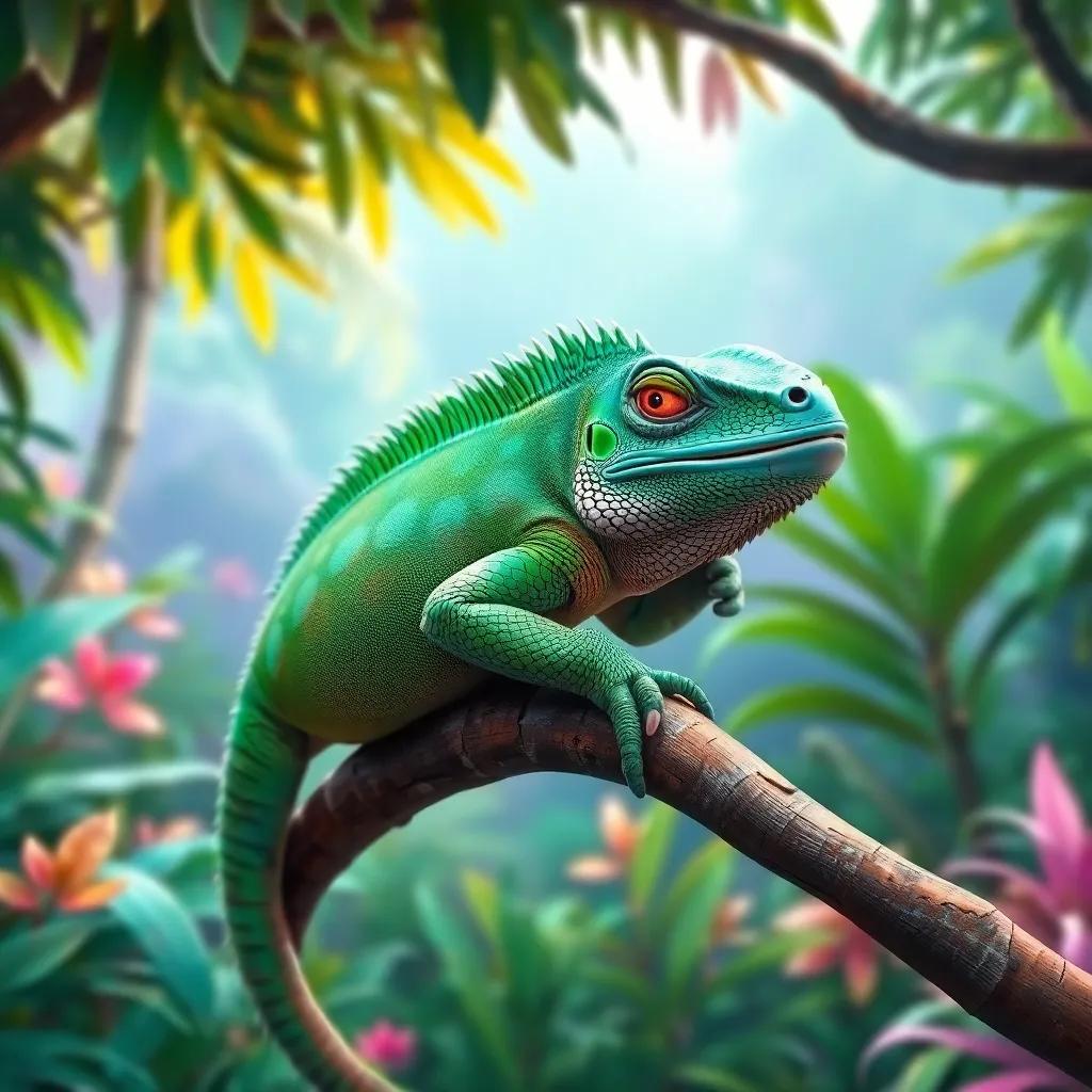 A green iguana relaxing on a branch, changing colors, lush jungle background, vibrant scenery, playful imagery, bright colors, lively atmosphere, high quality