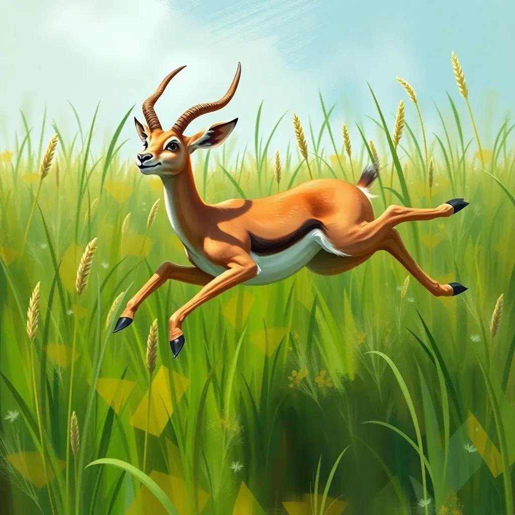 A swift antelope, leaping through tall green grass, joyful expression, digital art, vibrant colors, uplifting atmosphere, high quality