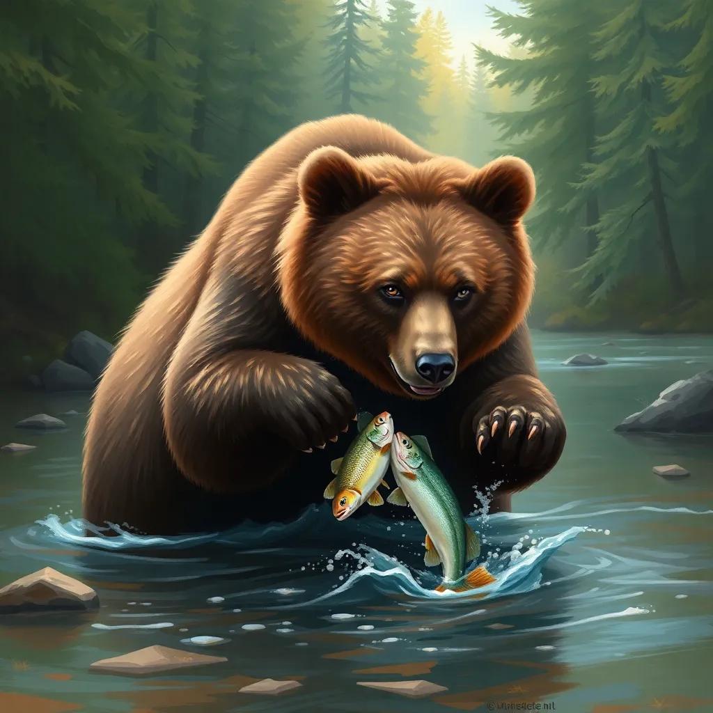 A big bold bear catching fish in a serene stream, with a furry coat, surrounded by lush trees, digital painting, warm colors, nature, high quality