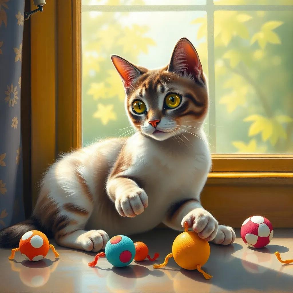 A sleek cat playing with toys beside a sunny window, with bright eyes, soft fur, indoor scene, cheerful colors, playful atmosphere, high quality