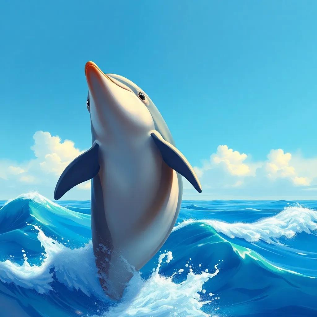 A dolphin jumping high above the waves with a bright blue sky, joyful expression, marine setting, digital illustration, vivid colors, lively atmosphere, high quality