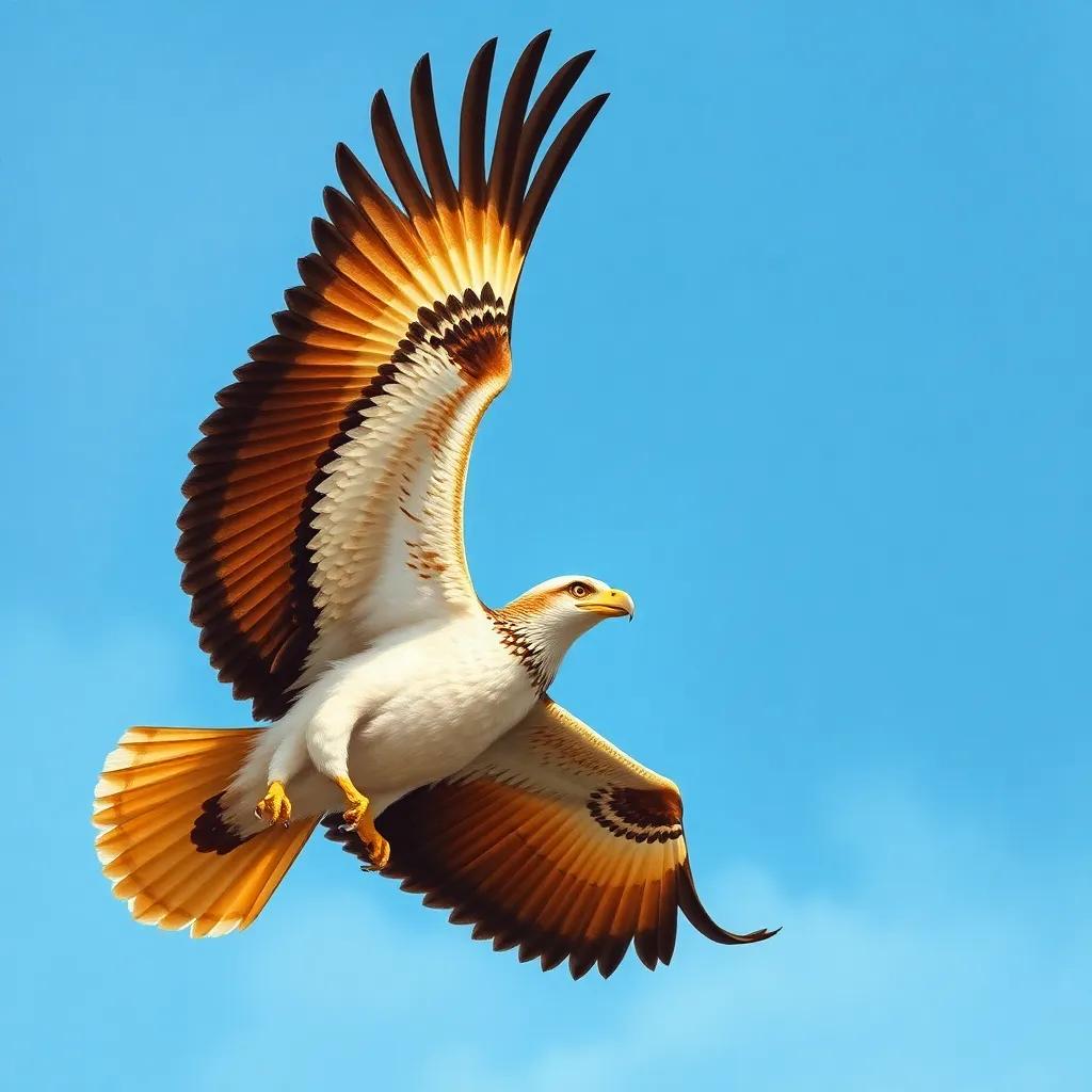 An eagle soaring in a clear blue sky, wings spread wide, keen eyesight focusing down below, nature scene, realistic colors, majestic atmosphere, high quality