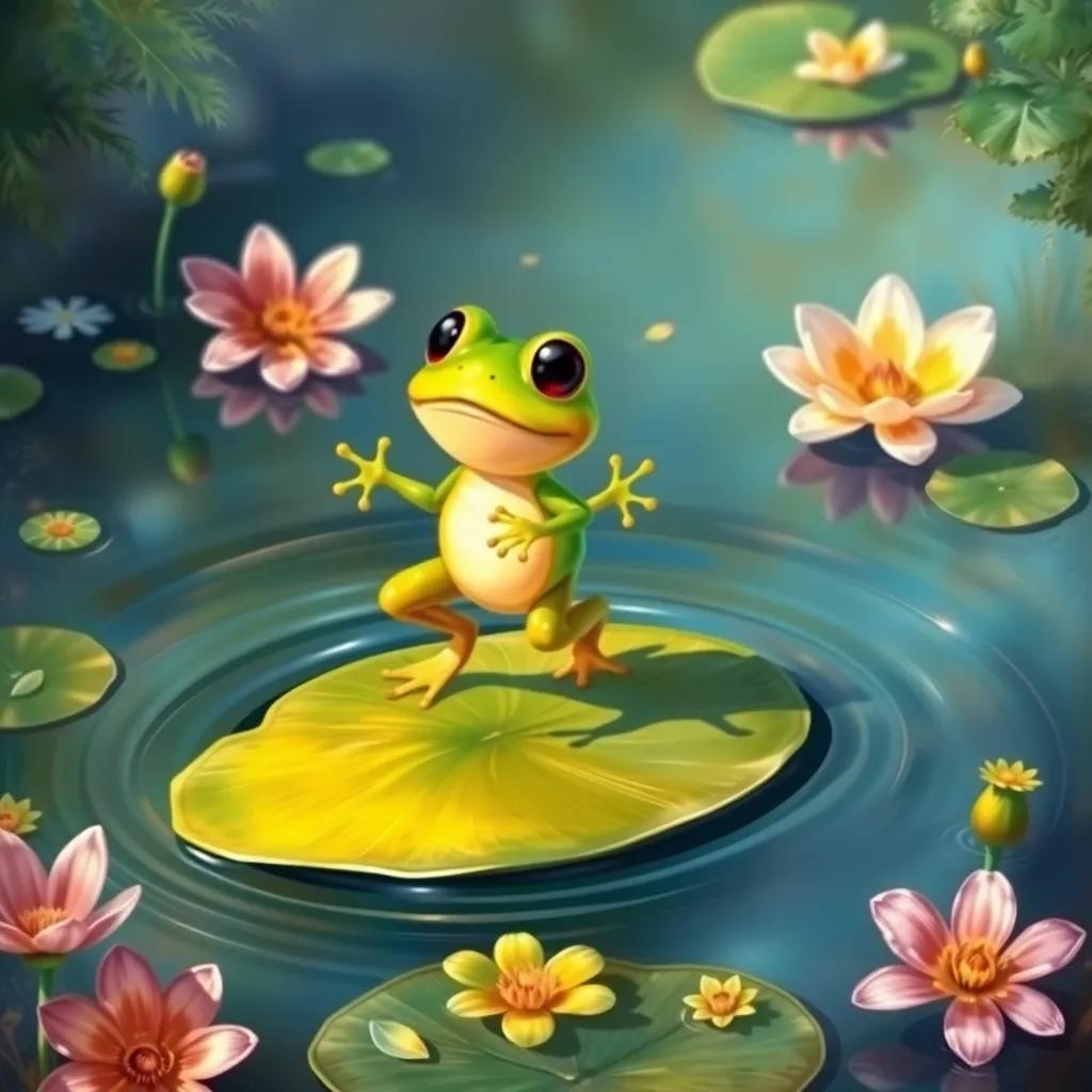 A cute frog hopping along a lily pad in a serene pond, surrounded by gentle ripples and bright flowers, vibrant colors, playful scene, high quality