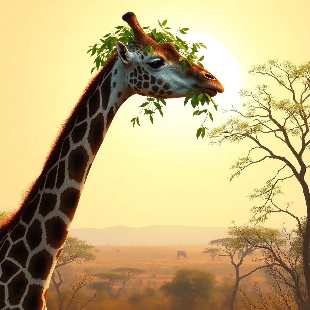 A tall giraffe munching leaves from a treetop against a sunny savannah background, elegant posture, digital art, warm colors, peaceful atmosphere, high quality