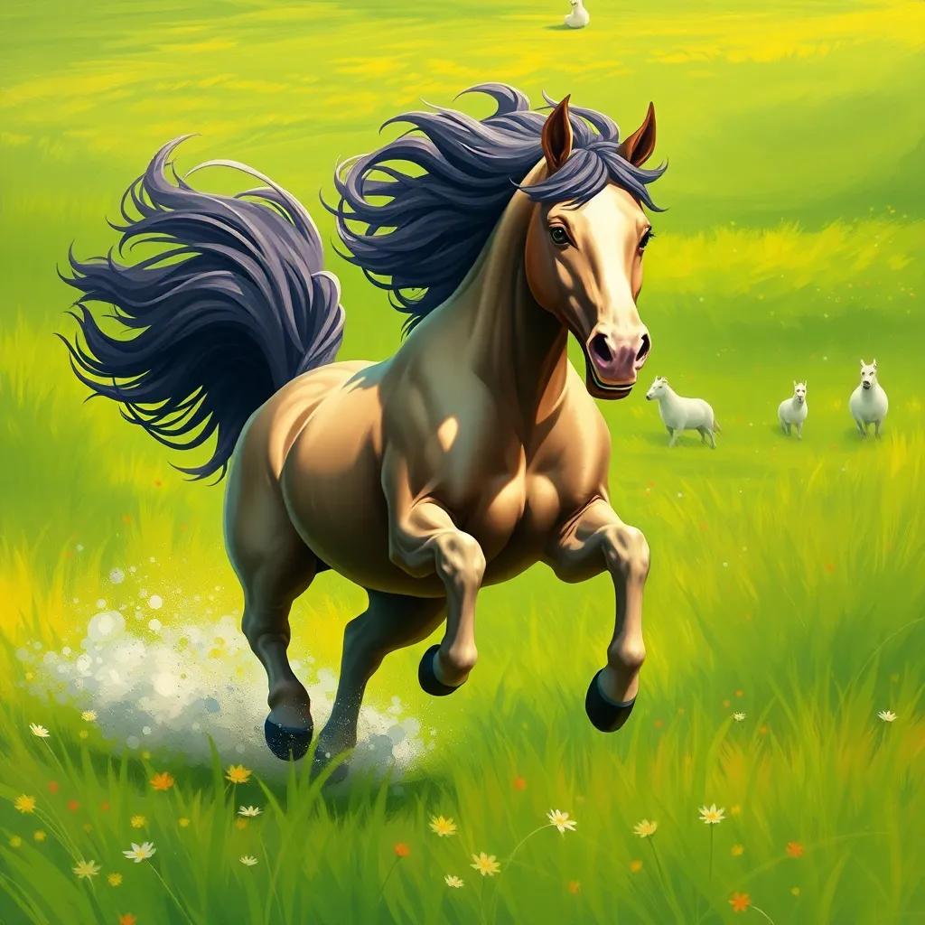 A strong horse galloping through vibrant green fields, mane flowing, joyful expression, digital illustration, dynamic colors, energetic scene, high quality