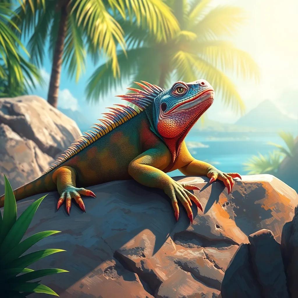 An iguana lounging on a sunlit rock with colorful skin, in a tropical scene, digital art, bright colors, relaxed atmosphere, high quality