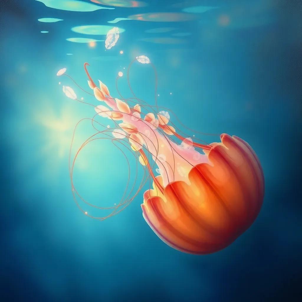 A jellyfish drifting gracefully in a calm ocean, glowing subtly in colors, surrounded by soft light, marine art, soothing colors, magical atmosphere, high quality