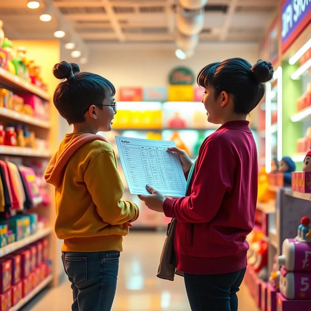 A friendly shopkeeper showing a sales chart to kids wearing colorful clothes, organized shop with toys around, bright lighting, warm colors, engaging view, high quality