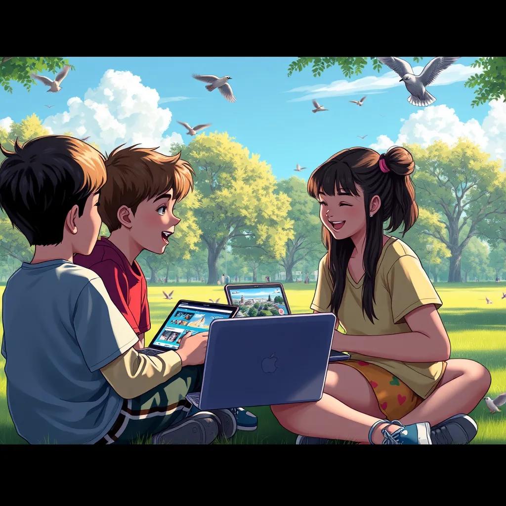 Kids analyzing social media posts with a girl named Mia, sitting in the park with laptops, sunny day with trees and birds around, joyful scene, digital painting, rich colors, dynamic view, high quality