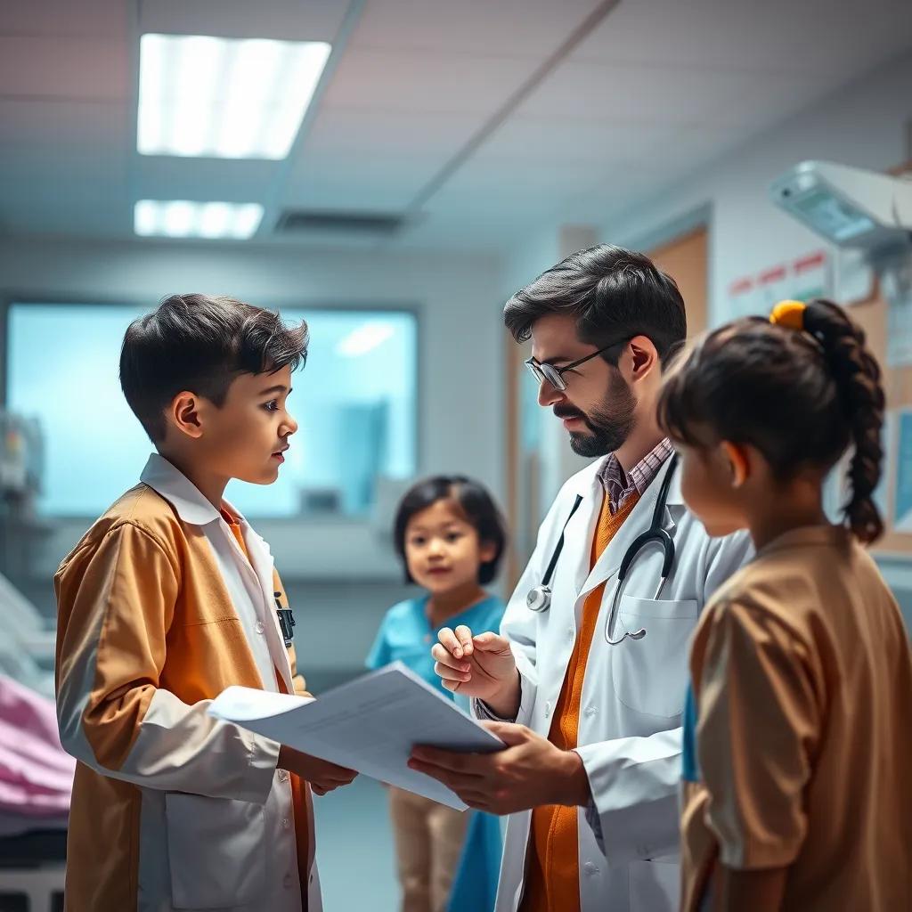 A doctor explaining patient records with kids in a hospital room, bright and clean environment, warm lights, inviting space, educational atmosphere, high quality