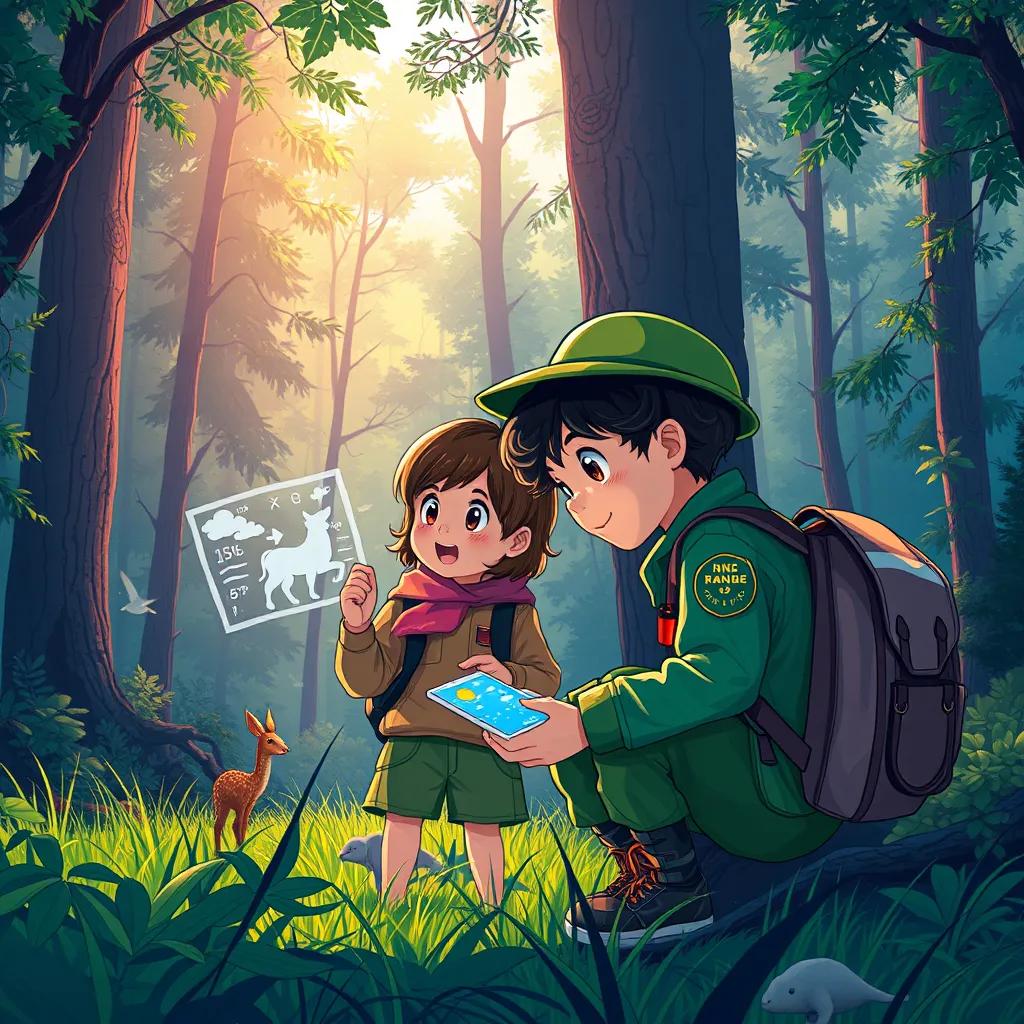 Children with Ranger Green in a lush forest, examining weather data and animal shapes, peaceful nature scene with trees and animals, enriched colors, heartwarming, high quality